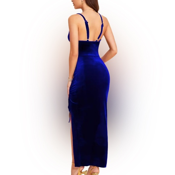Royal Blue Velvet Ruched Bodycon Maxi Dress - Picture 4 of 5